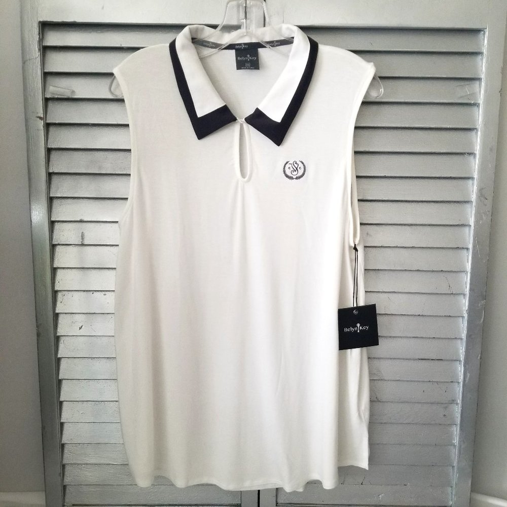 NWT BELYN KEY Womens XL Keyhole Collared Sleeveless Golf Shirt Ivory Black